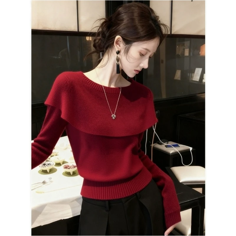 安可拉红披肩轻熟风针织衫2025秋冬季气质名媛高级感修身打底上衣
