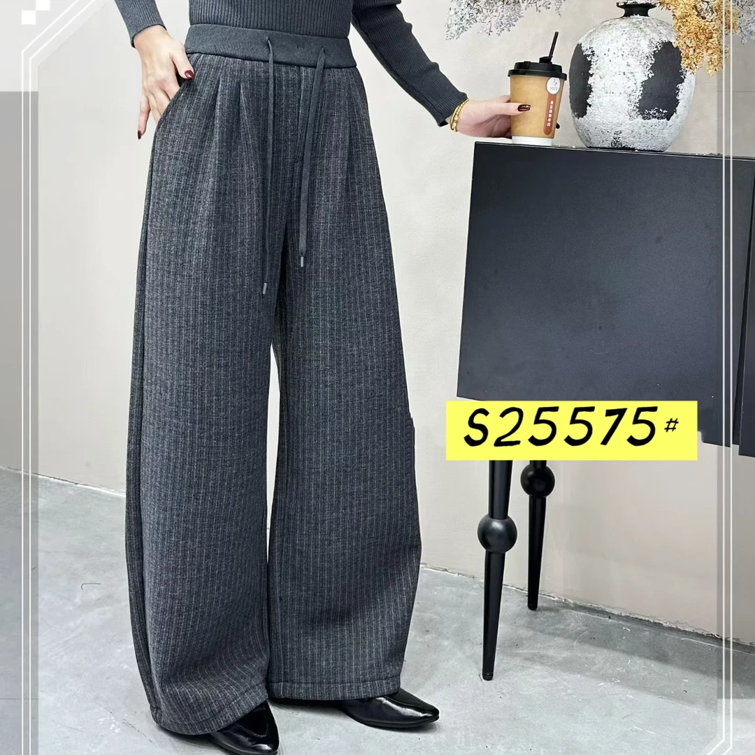 小施家韩版高端气质竖纹松紧腰加绒羊绒直筒裤25575