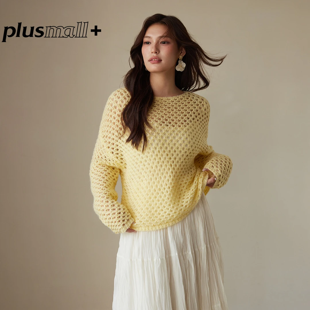 【折扣款】PLUSMALL 蓝椰柠檬 镂空宽松圆领套头针织罩衫PM2412030