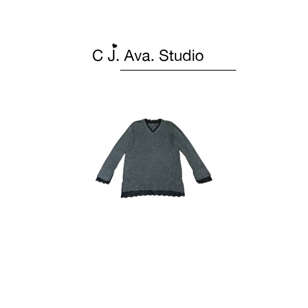 【MISS BEAR DESIGN】v领拼蕾丝盖臀毛羊毛混纺大衫