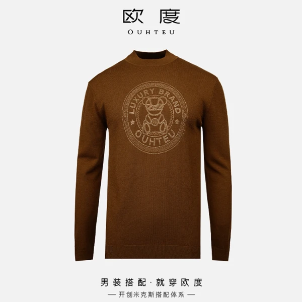 OUHTEU/欧度【100绵羊毛】24秋冬诺克熊系列烫钻圆领羊毛衫多色7899