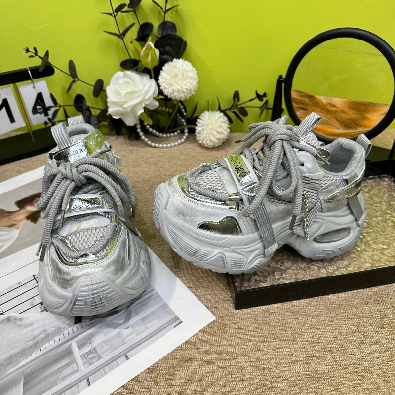 欧货新款春秋网面老爹鞋舒适透气双鞋带钻带设计高颜值重工休闲鞋