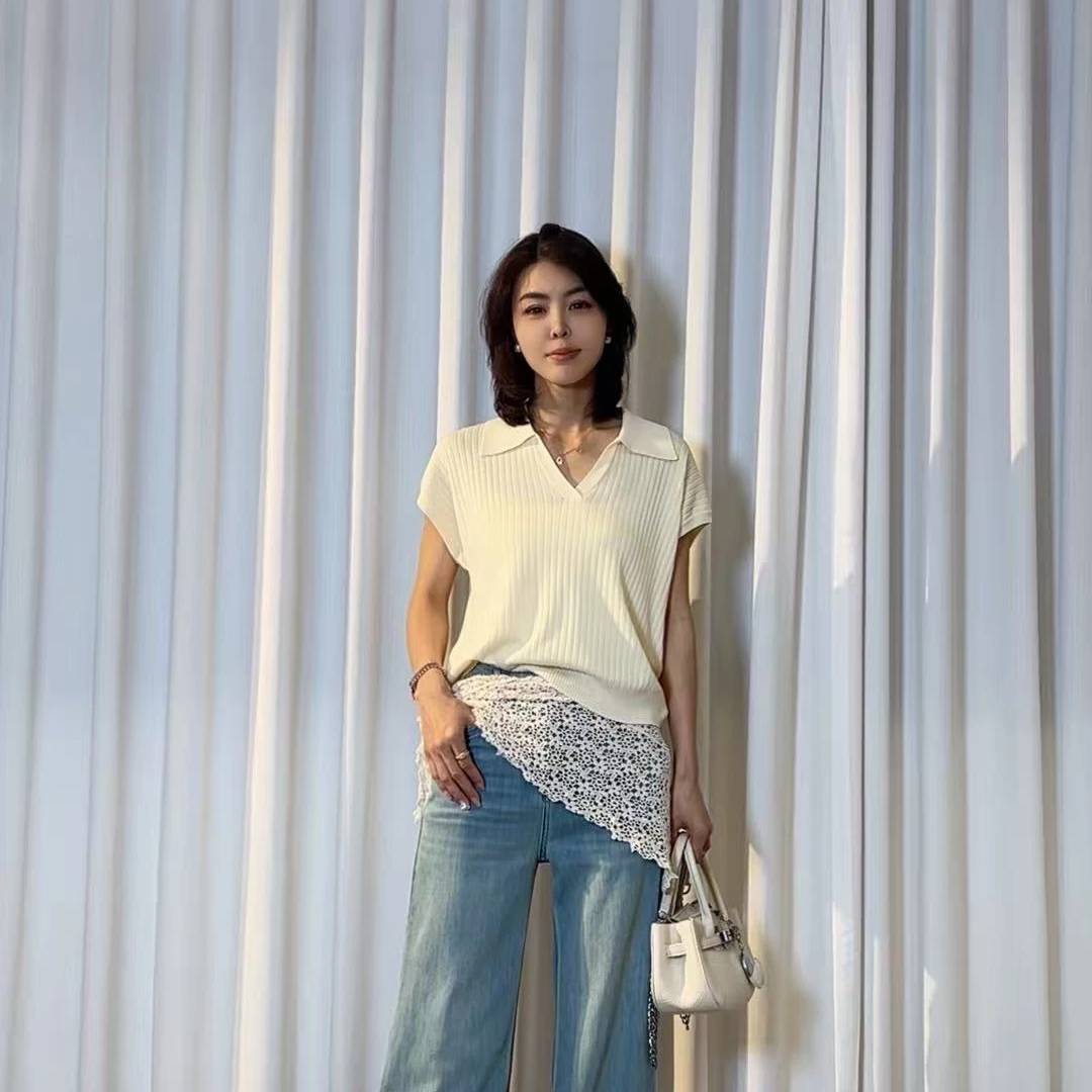 李园家2号店-015-韩系翻领V领薄款针织T恤