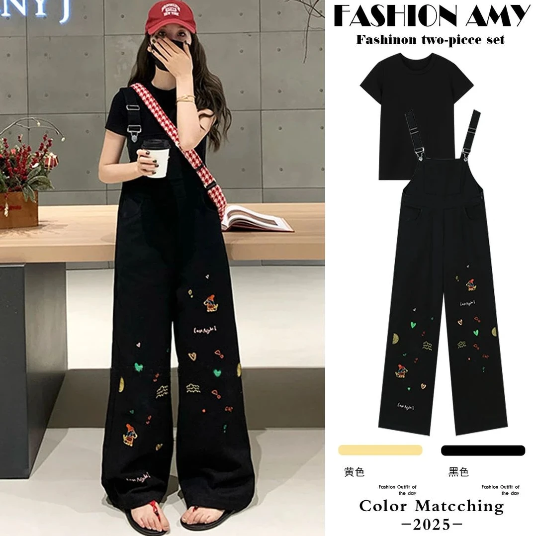 孕妇背带裤套装春夏新款时尚韩版显瘦上衣休闲卡通涂鸦阔腿连体裤