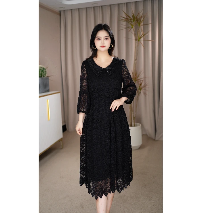 【晴紫专属】C031黑色重工蕾丝大码连衣裙女2025气质显瘦宽松连衣裙