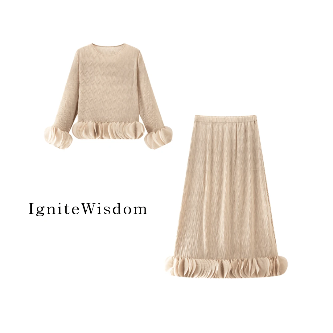 三宅套装女设计感花瓣下摆小众长袖半身裙子两件套褶皱春季