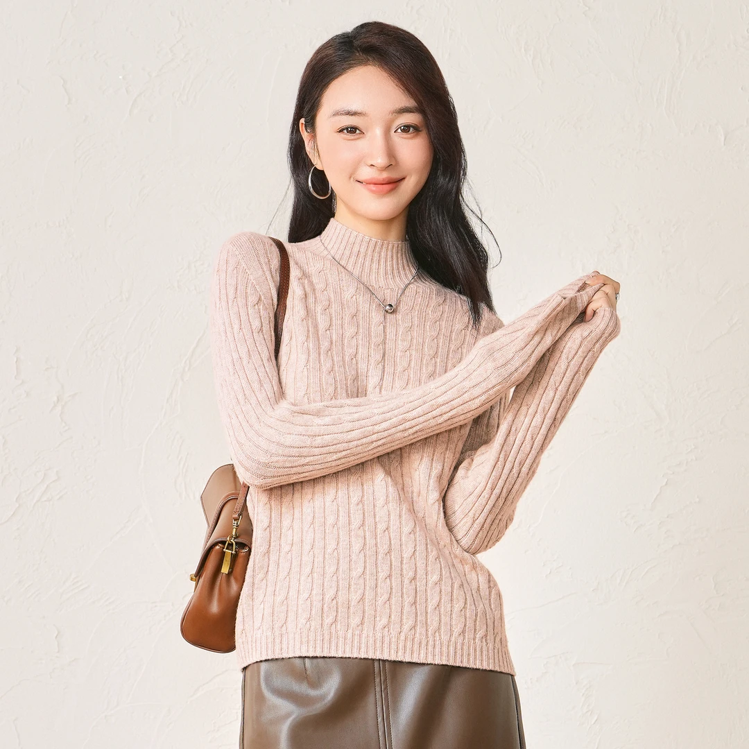 春竹品牌2025冬季爆款半高领时尚绞花100%纯羊毛衫高档品质毛衣女