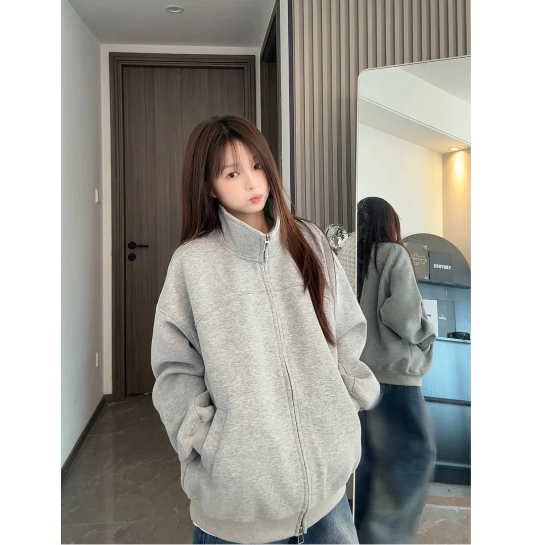 美式cleanfit纯色立领拉链外套男女秋2025新款复古宽松卫衣开衫潮