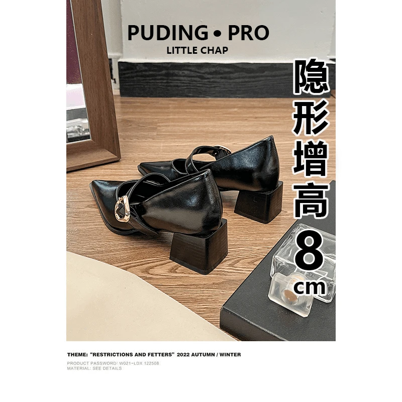 法式复古一字扣粗跟玛丽珍高跟鞋女2025春秋新款尖头浅口软底单鞋