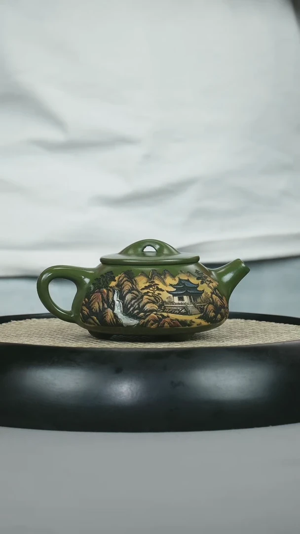 茶壶紫砂 绿泥 景舟石瓢  彩刻山水