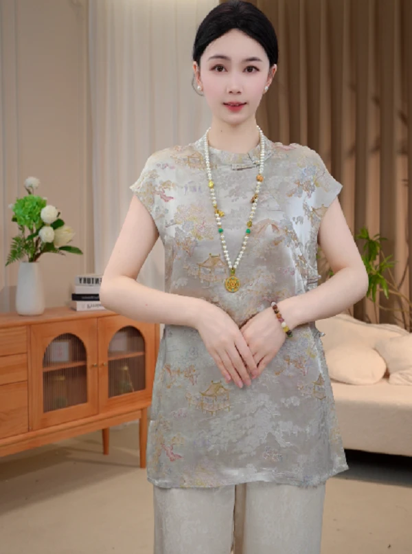 【烟雨楼台】新中式国风提花斜襟无袖奥黛上衣2025B5987———小陈