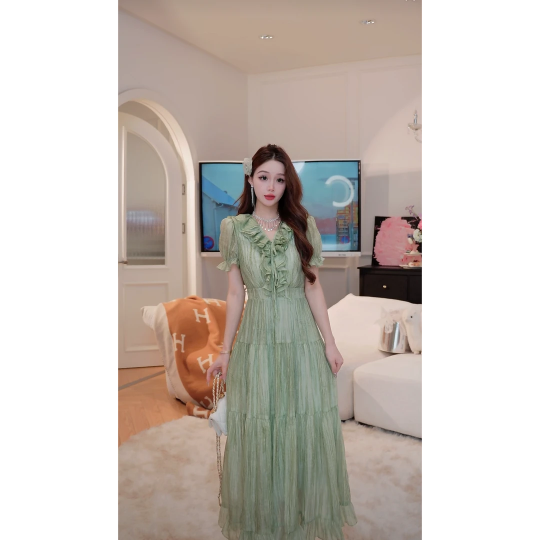 钱丹丹【绿野仙踪】新款V领荷叶边连衣裙Q53LYQ3260
