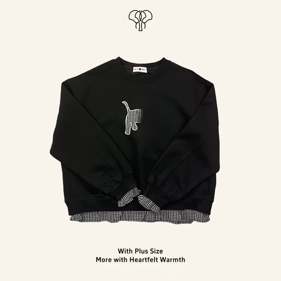 休闲上衣圆领卫衣黑色套头时尚贴布长袖针织拼接D85