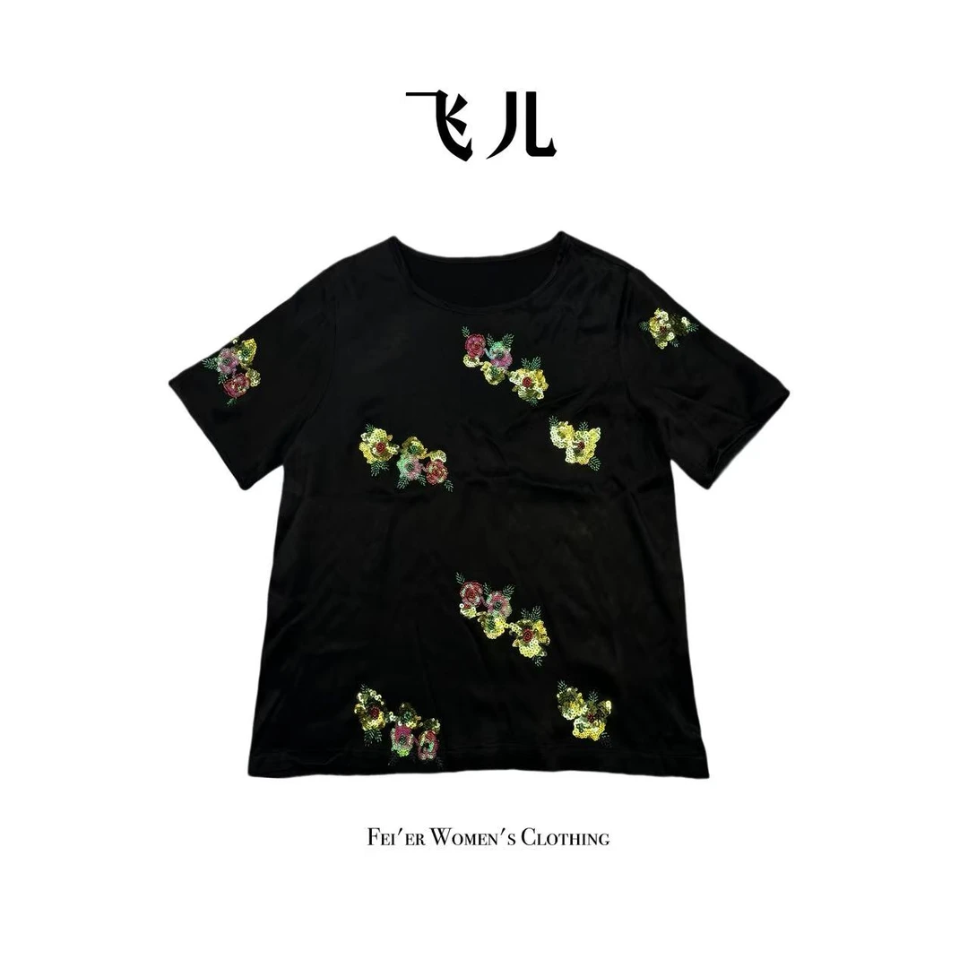 飞儿【花彩T恤】2025时尚新款重工T恤