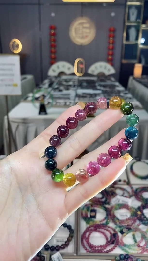 未镶嵌老矿碧玺色标彩虹单圈手串10mm+碧玺dan多样性发货一条