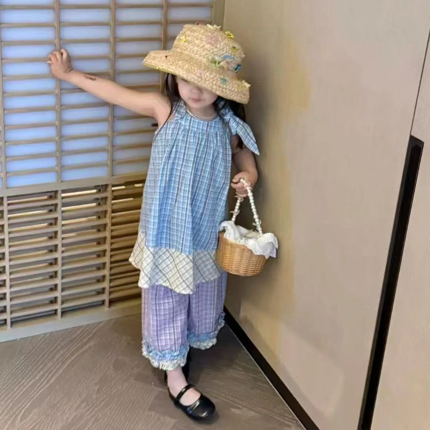 小思家女童2025夏季新款韩版休闲拼接格子背心花边休闲裤套装