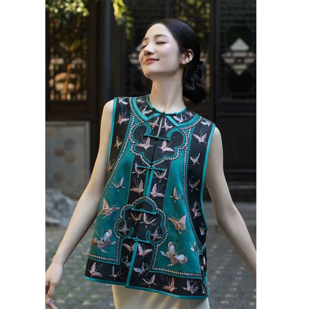 盛唐牡丹手推绣如意蝴蝶马甲夏季复古中式中国风民族风气质时尚