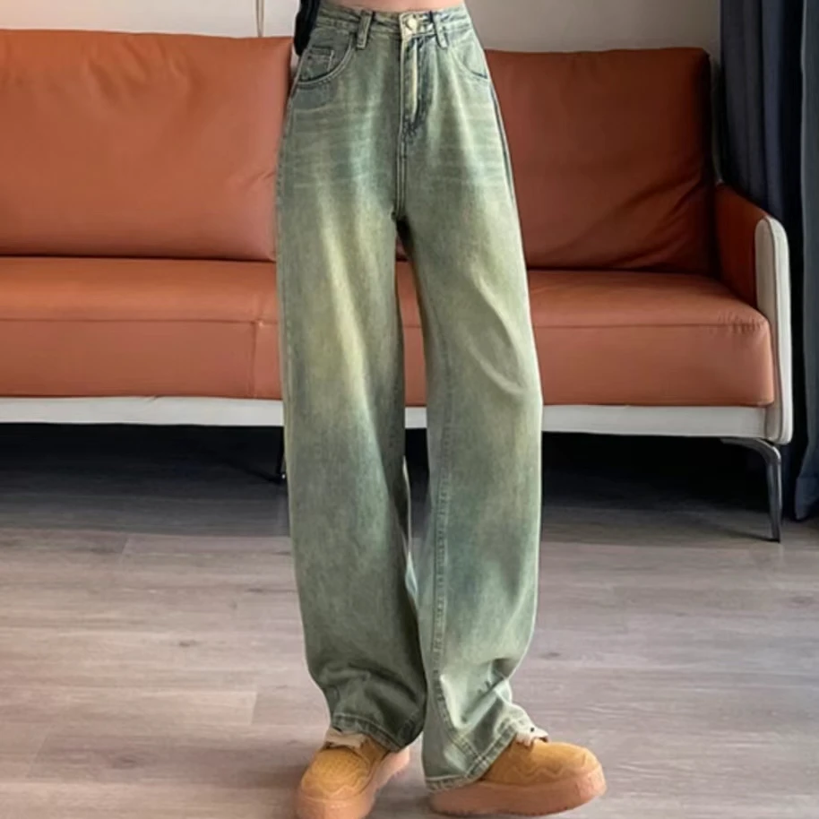 【艾萱萱】6787款复古青柏绿高腰阔腿牛仔裤 图片与实物不符 约110