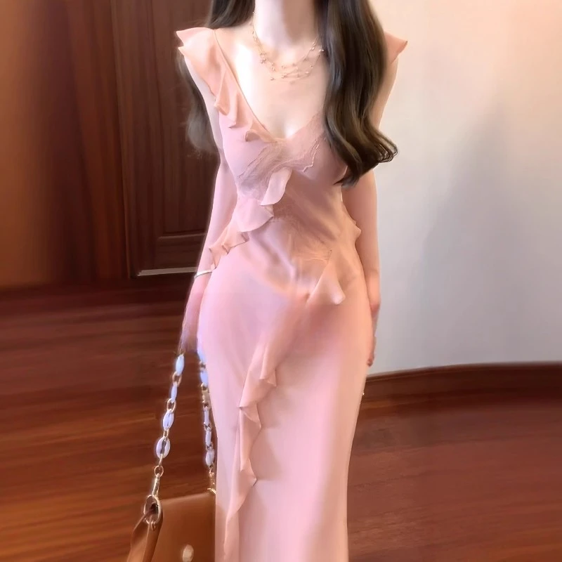 纯欲荷叶边v领蕾丝拼接连衣裙女夏季新款性感收腰显瘦鱼尾长裙子