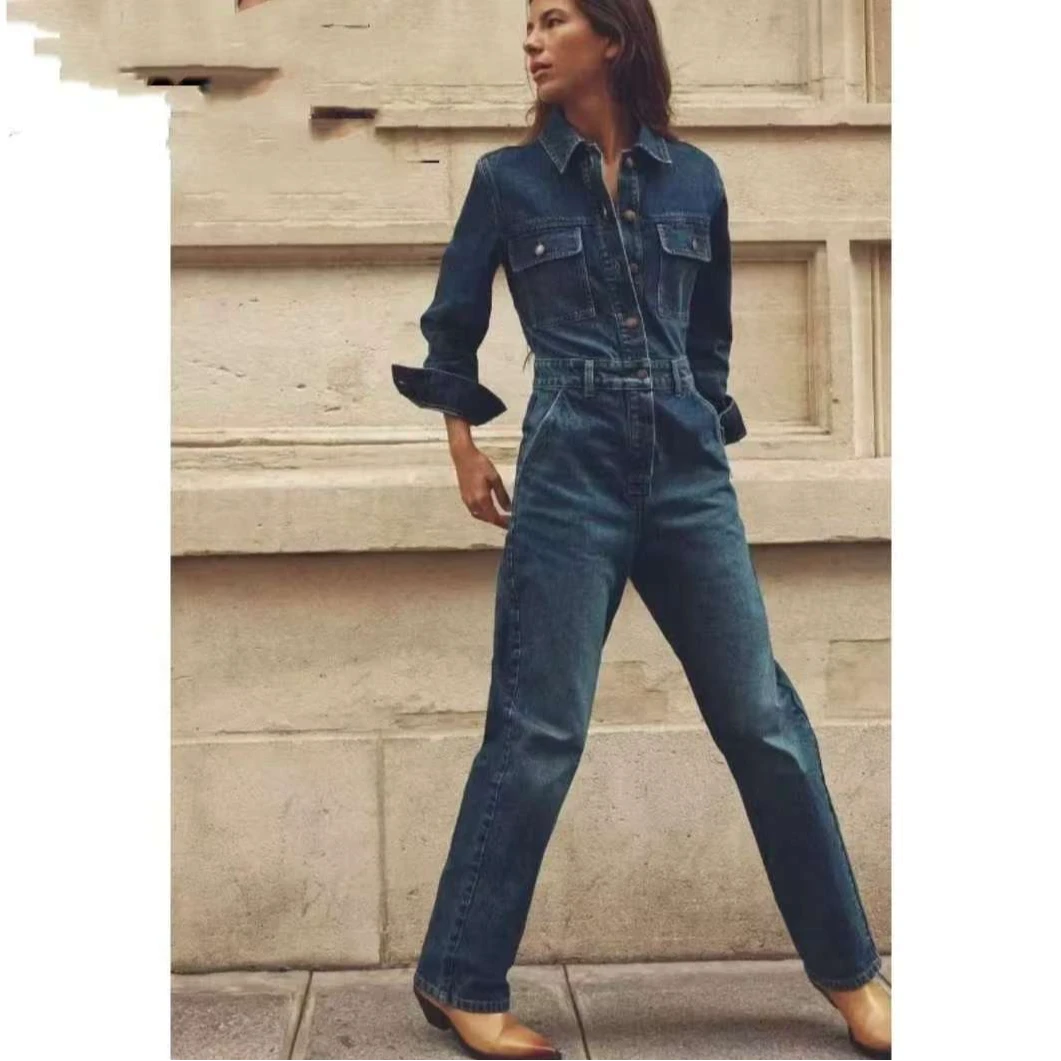 602-1款（加长版）长袖翻领收腰无弹直筒水洗牛仔连体裤