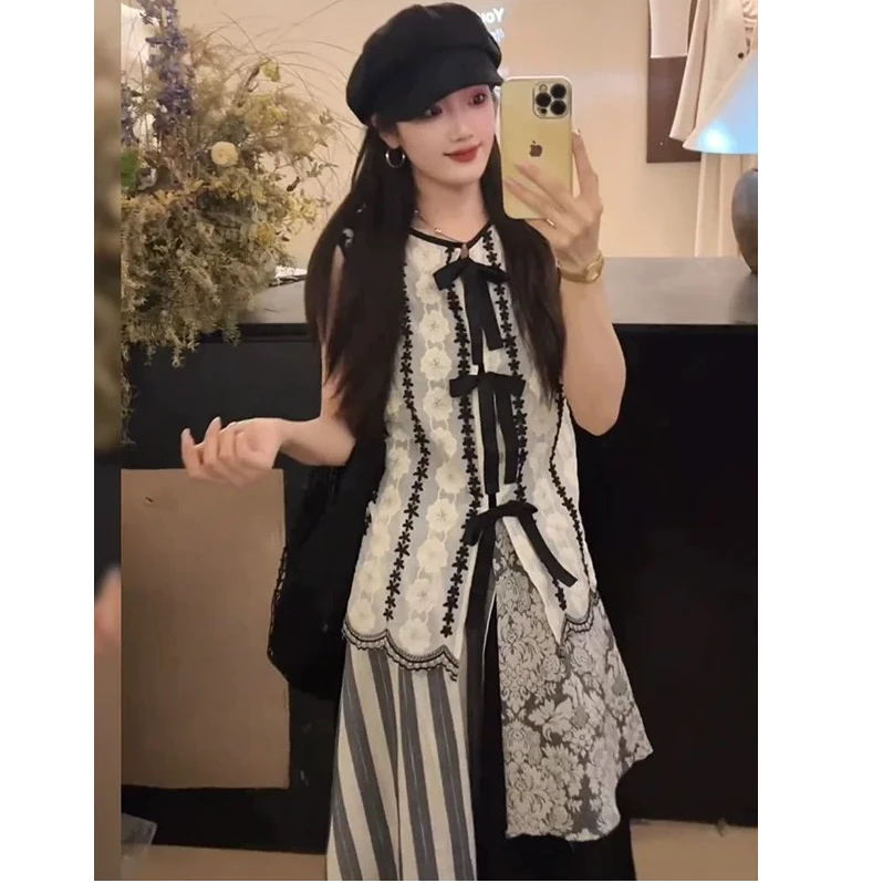 甜美慵懒蝴蝶结无袖蕾丝背心拼接半身裙套装女2025夏季新款两件套