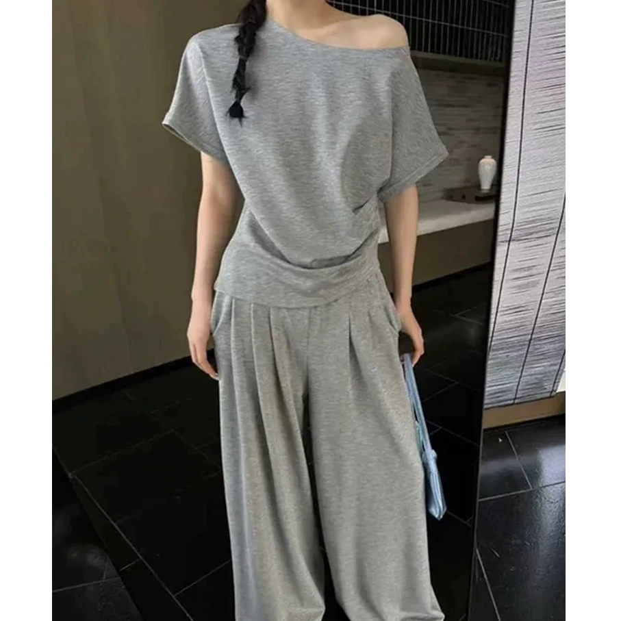 【大脸】韩系简约短袖气质斜肩T恤上衣阔腿裤两件套（9963)