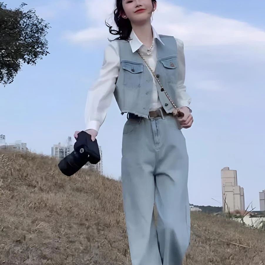 春季搭配一整套炸街港味复古牛仔马甲背心高腰阔腿裤三件套女装