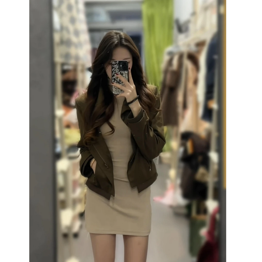 美式复古短款外套美拉德穿搭休闲夹克外套内搭修身显瘦连衣裙套装