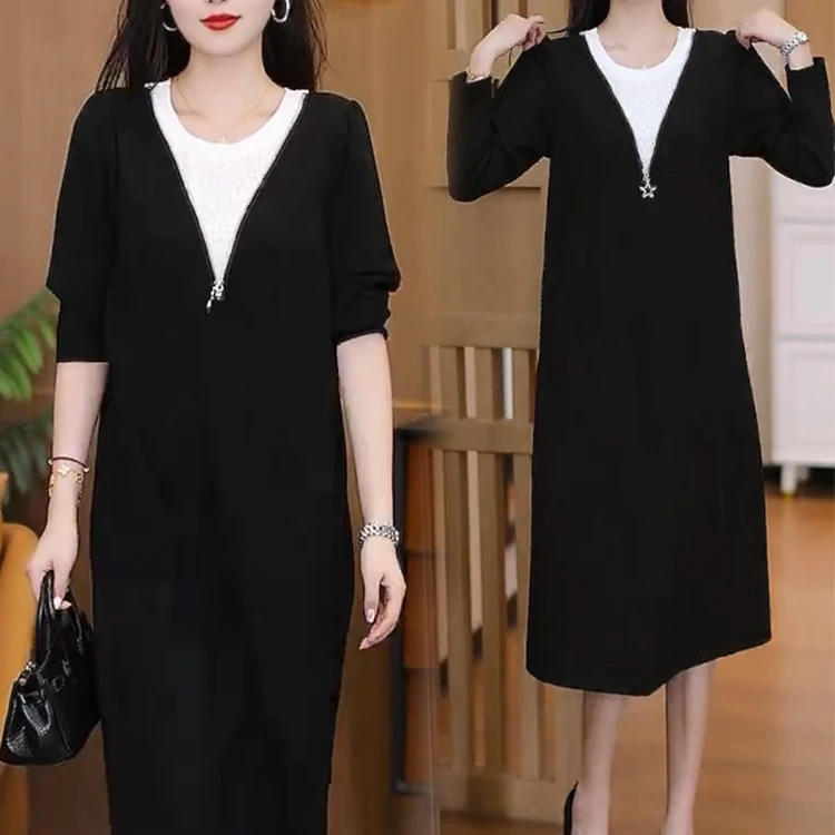 时尚连衣裙女2025秋季新款洋气显瘦假两件设计感宽松休闲直筒裙