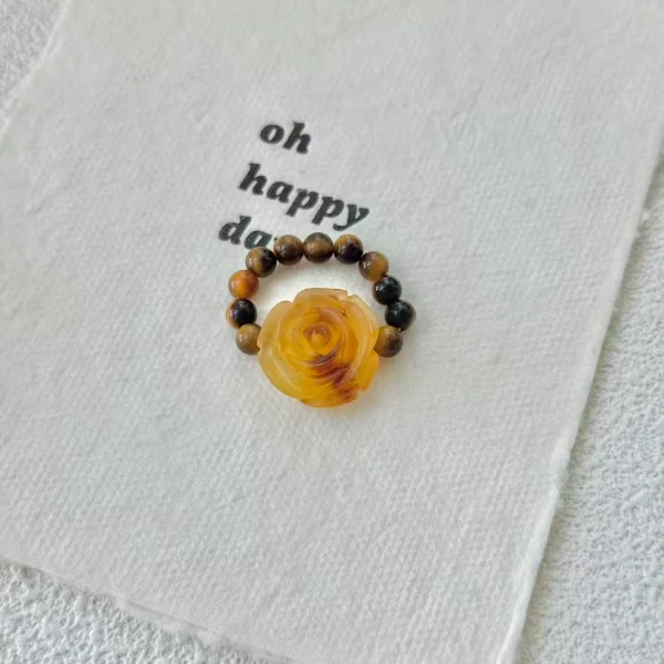 【胡萝卜的罗】（琥珀花）黄虎眼小花朵串珠戒指女生礼物七夕