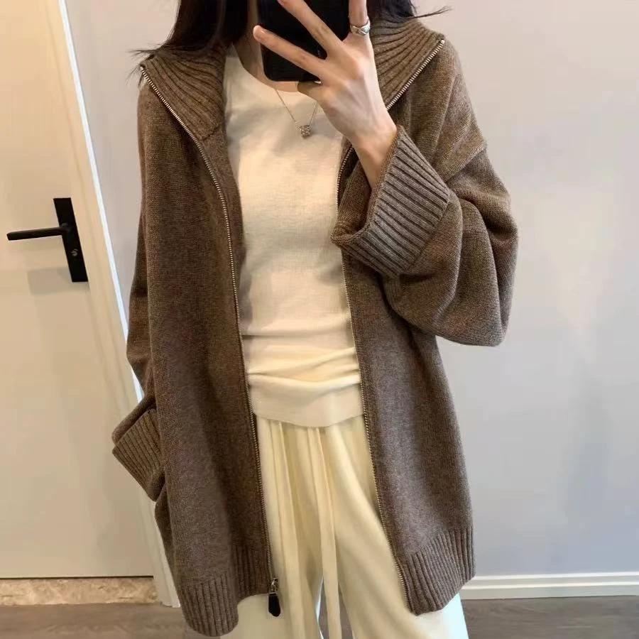 韩版女士全羊毛衫100%纯羊毛慵懒风时尚针织开衫中长款网红打底衫