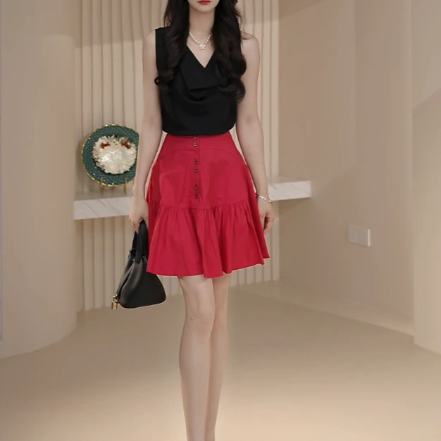 AMASS/阿玛施新款单排扣造型荷叶边红色时尚高腰百搭半裙5200334