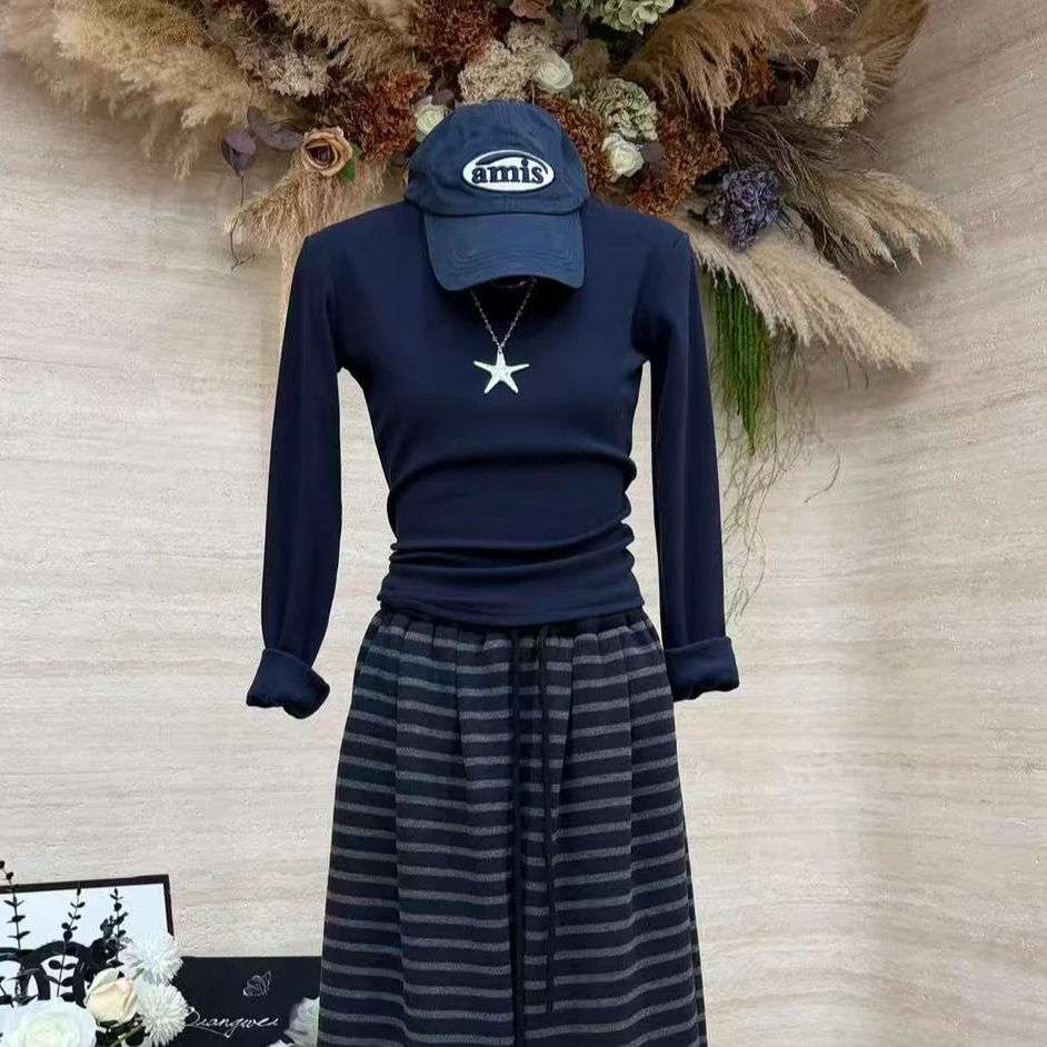 【人间白茶】复古风半高领修身显瘦打底上衣-8057