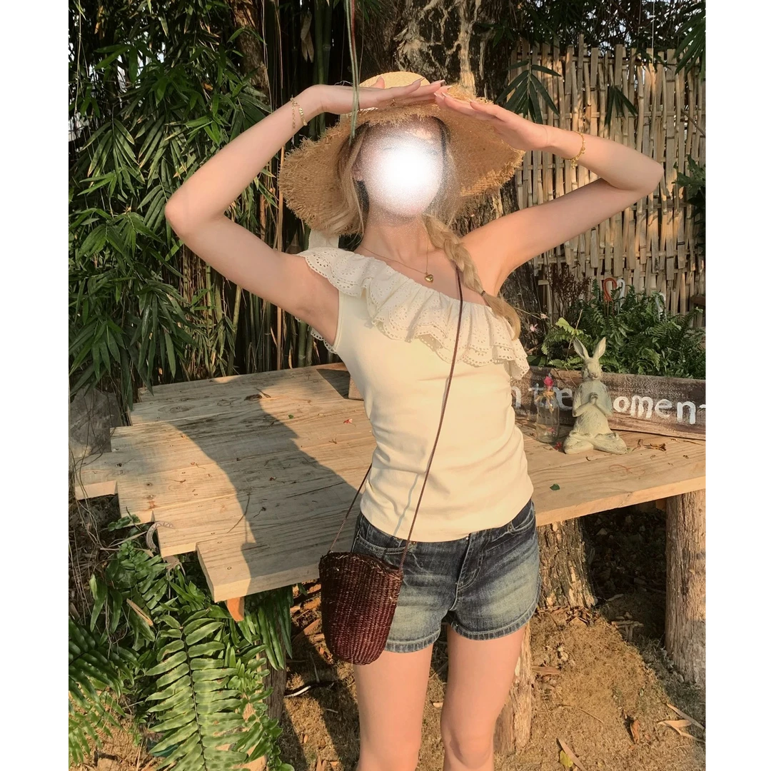 麦田雏野 法式荷叶边针织t恤女夏2025新款设计感斜肩上衣