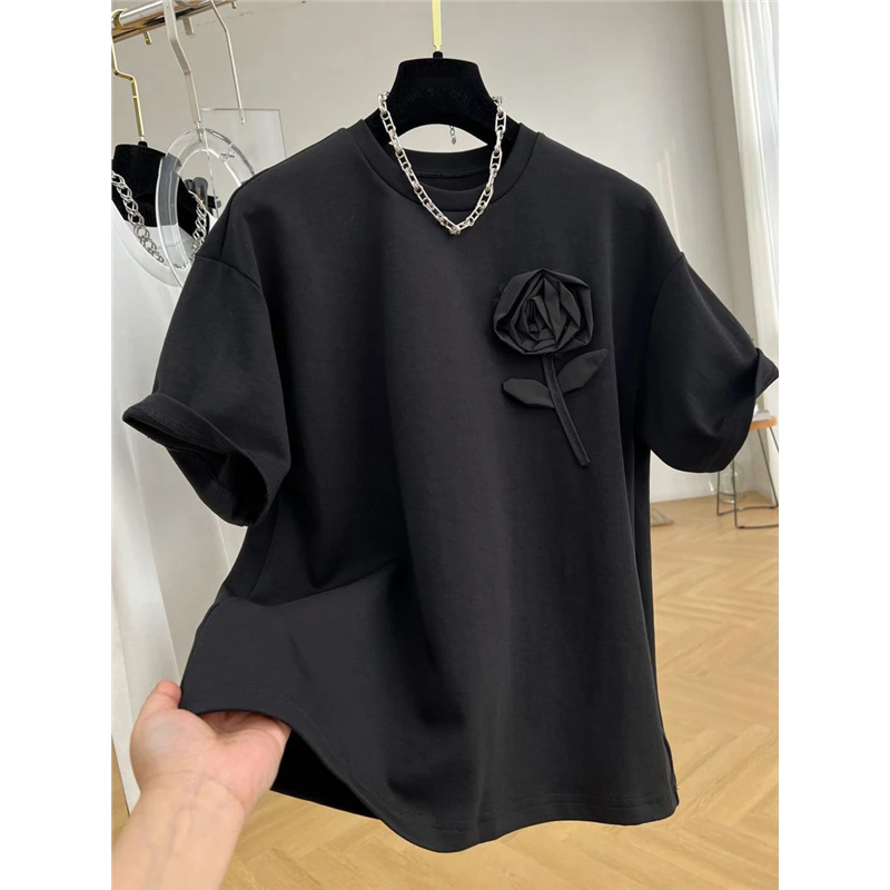 欧洲站重工立体花朵纯棉重磅圆领短袖T恤女夏季高端大牌宽松上衣