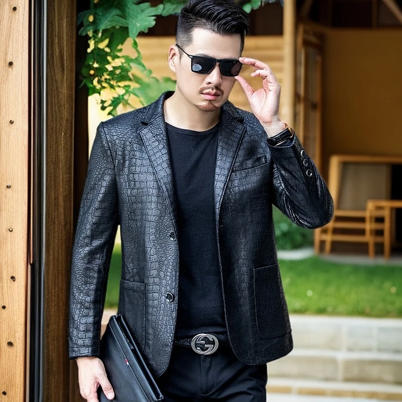 工厂直销春秋新款鳄纹男士时尚商务软皮小西服外套1201