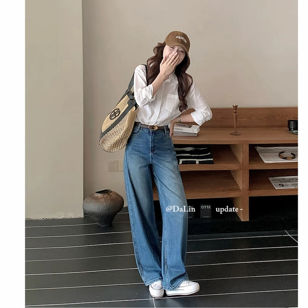 【现货+运费险】深蓝色直筒牛仔裤女2025秋季新款大码显瘦阔腿裤子