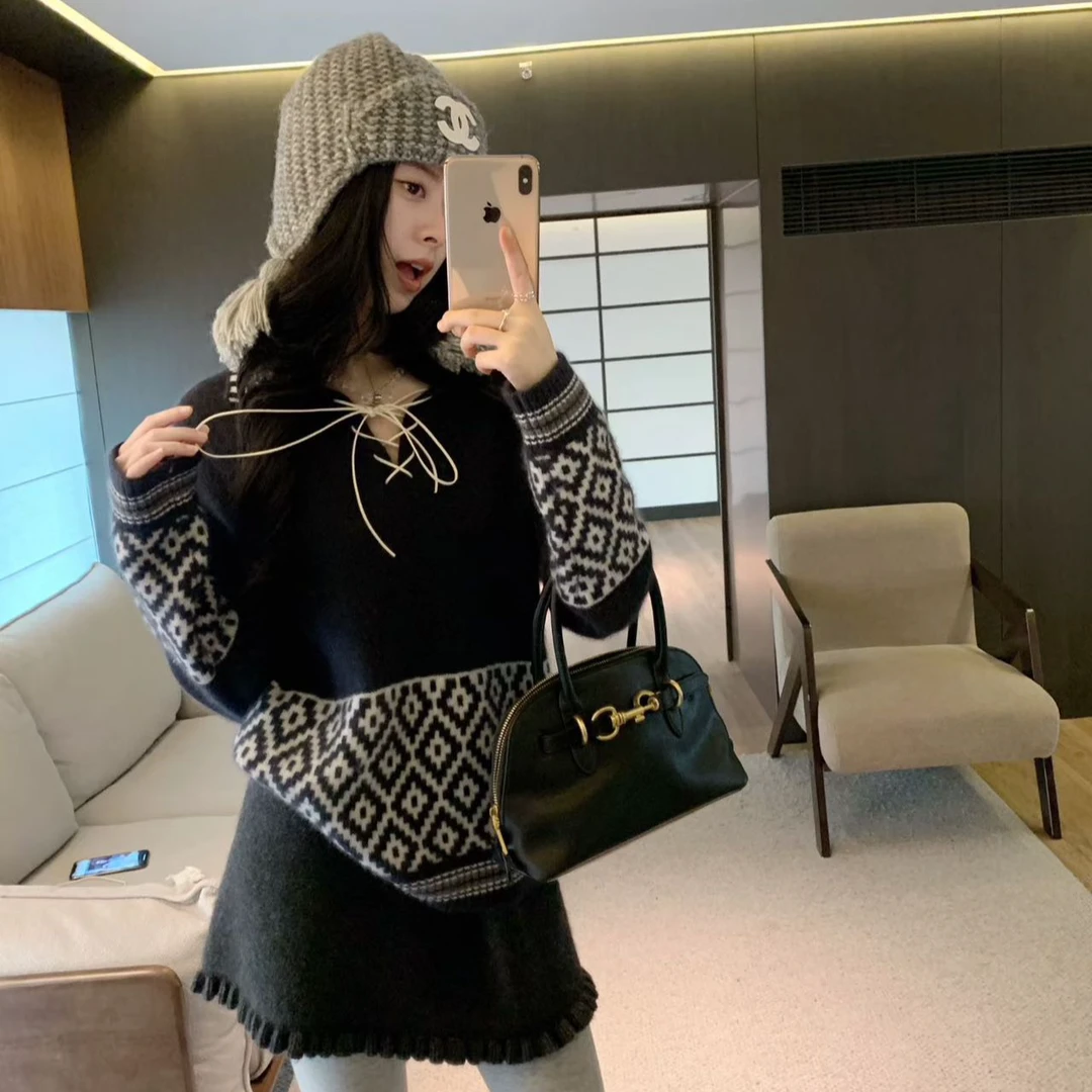 2025冬季复古提花宽松慵懒费尔岛套头绑带毛衣高腰半裙针织两件套