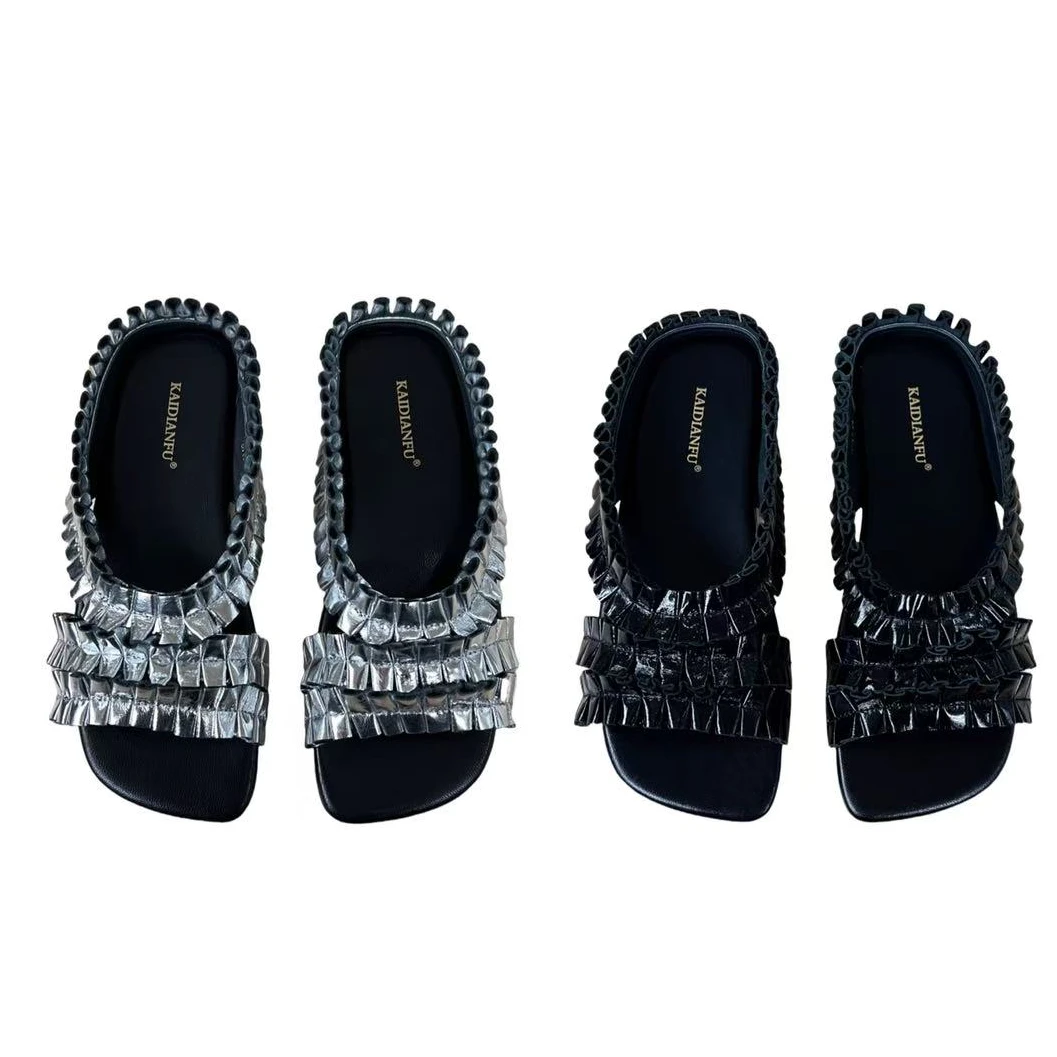 女鞋；2815-1褶皱花边一字拖