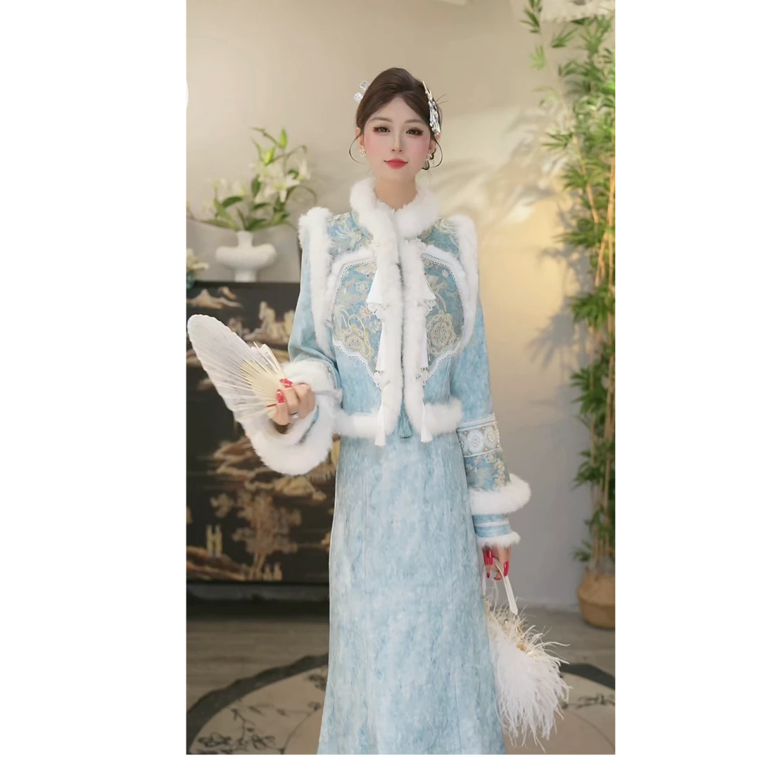 夏维莲新中式冬款天青入冬漂亮时髦气质跨年穿搭套装（C023+C033）