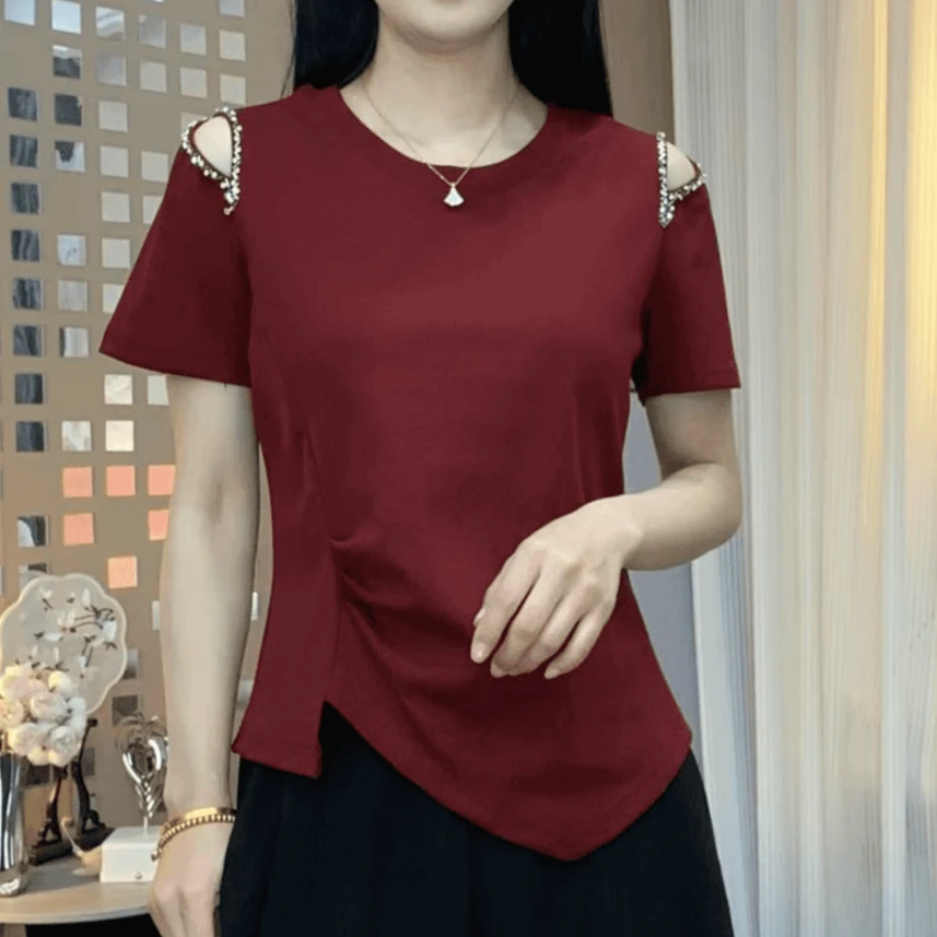 2025新款圆领纯色镂空串珠气质精品洋气时尚减龄显瘦短袖小衫T恤