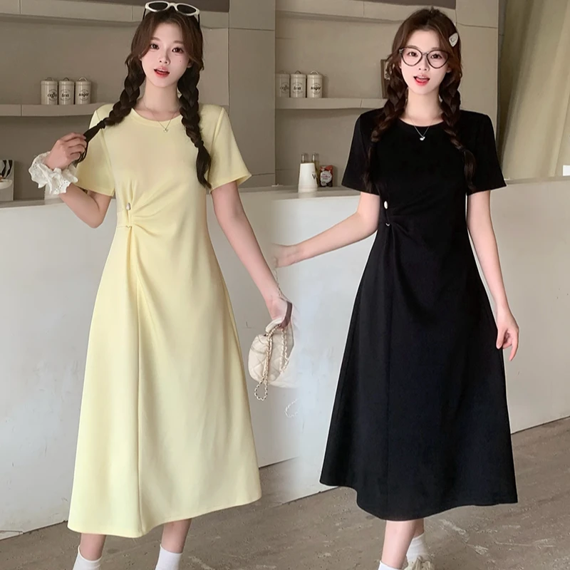2025夏款胖mm大码女法式气质圆领收腰褶皱显瘦短袖连衣裙A1306