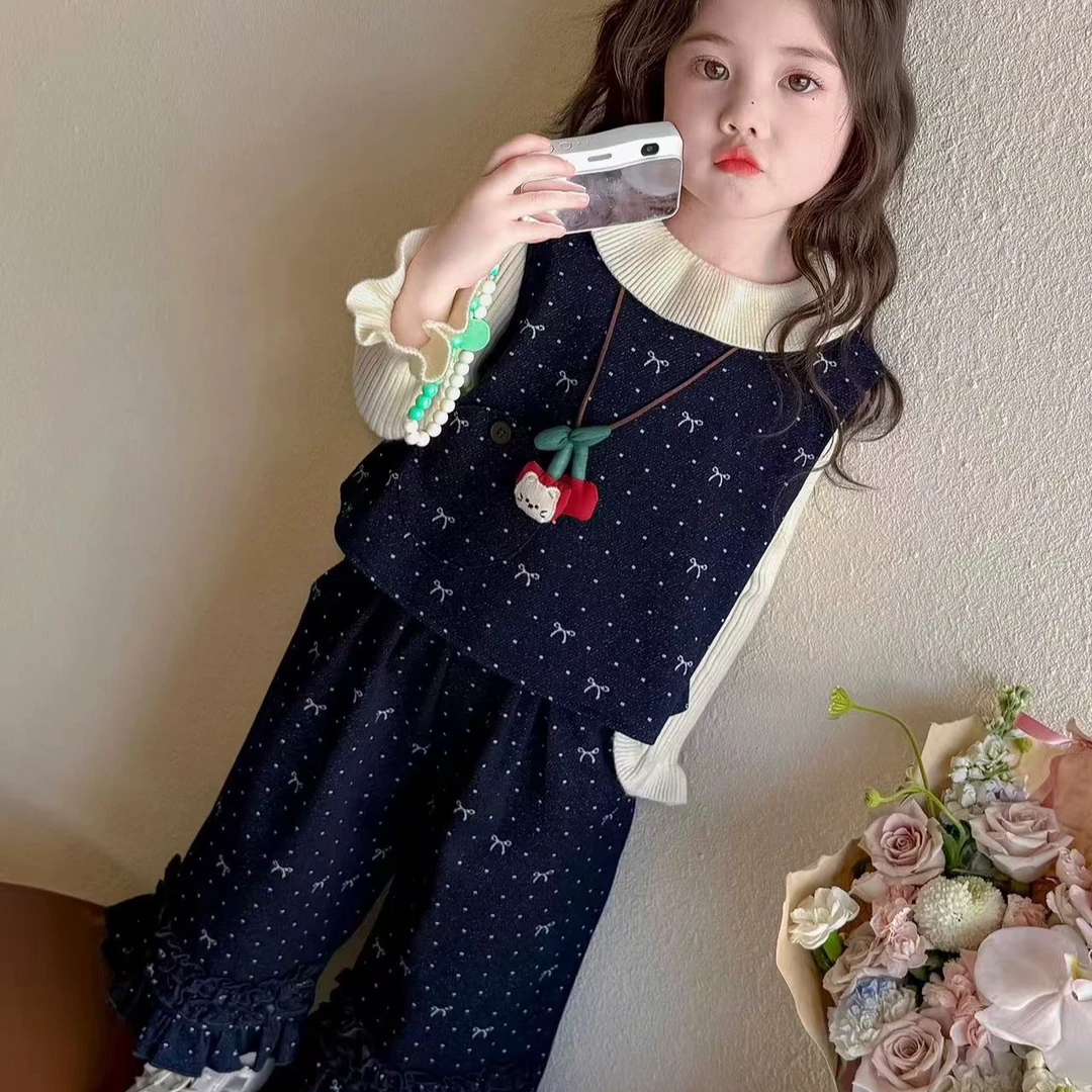 女童套装秋季2025新款儿童洋气时髦秋装女宝宝韩版打底毛衣三件套