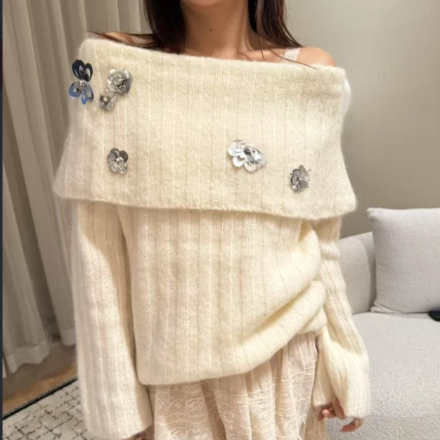 早秋新款羊驼毛韩版设计感亮片优雅翻领毛衣小众宽松气质针织衫