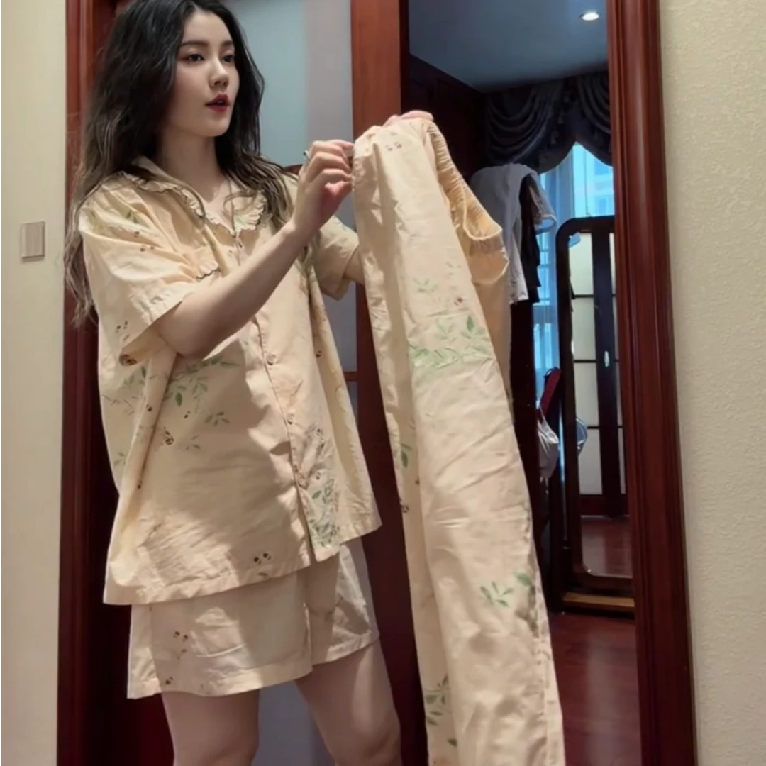 薄款女士韩系甜美风印花翻领开衫短袖长裤睡衣可外穿休闲慵懒套装