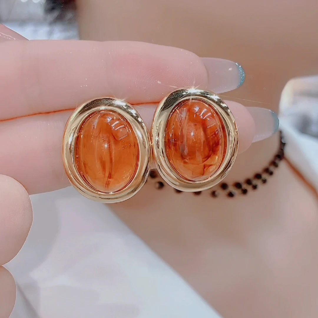 铜合金仿水晶耳饰 0874时尚网红耳环琥珀金色椭圆耳钉耳环