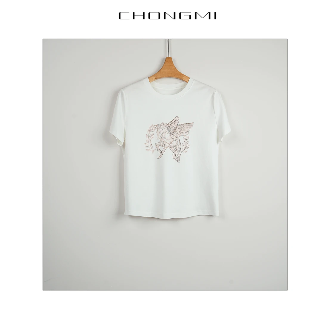 白色印花丝棉混纺圆领T恤2025夏季新款钉珠棉t简约时尚百搭棉t恤P