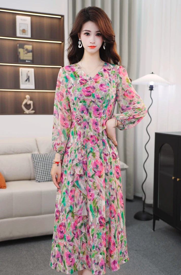 YH015【予禾女装】新款法式时尚气质修身显瘦连衣裙中长款碎花裙秋