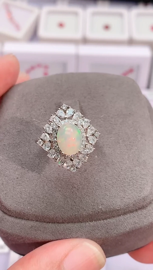 银S925镶嵌欧泊戒指天然欧泊银镶嵌S925镶嵌戒指