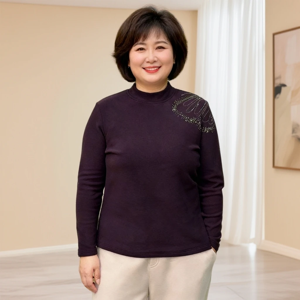 秋冬新款烫钻磨毛百搭圆领大码打底衫GLY3204